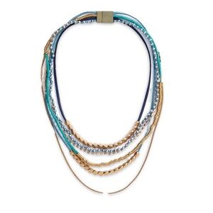 Serefina mixed media layered‎ necklace blue aqua gold magnetic closure new